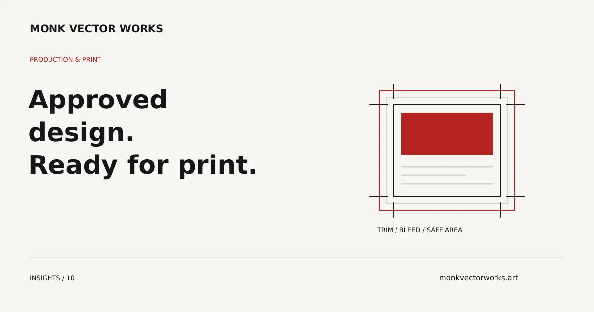 An approved layout shown with trim, bleed and a final supplier export.