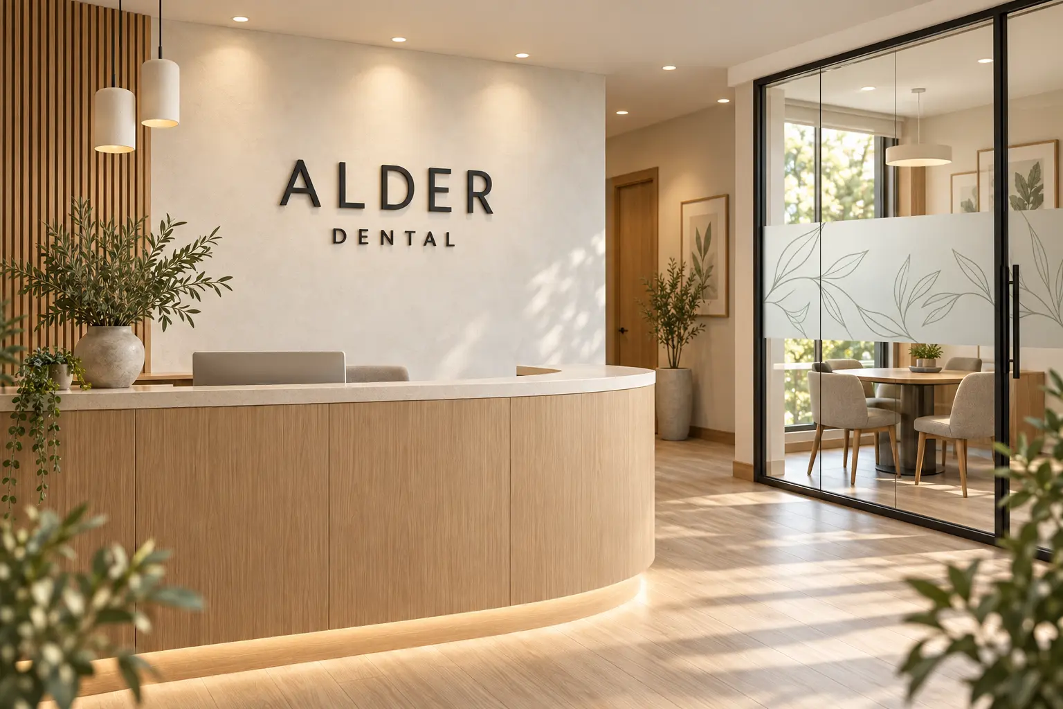 Alder Dental dimensional reception lettering above a pale oak desk in a warm ivory clinic interior