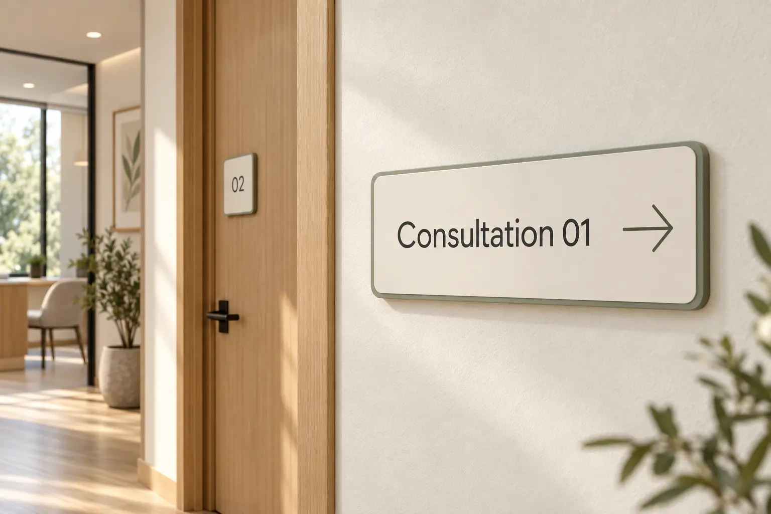 Alder clinic wayfinding plaque reading Consultation 01 with a right arrow and a matching room number plaque