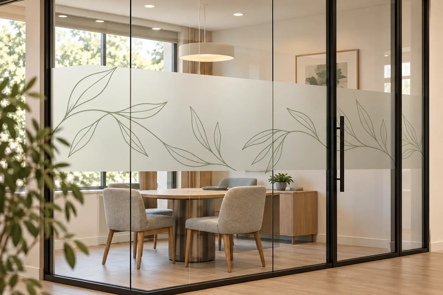 Frosted glass film concept with sage botanical line graphics across a clinic consultation partition