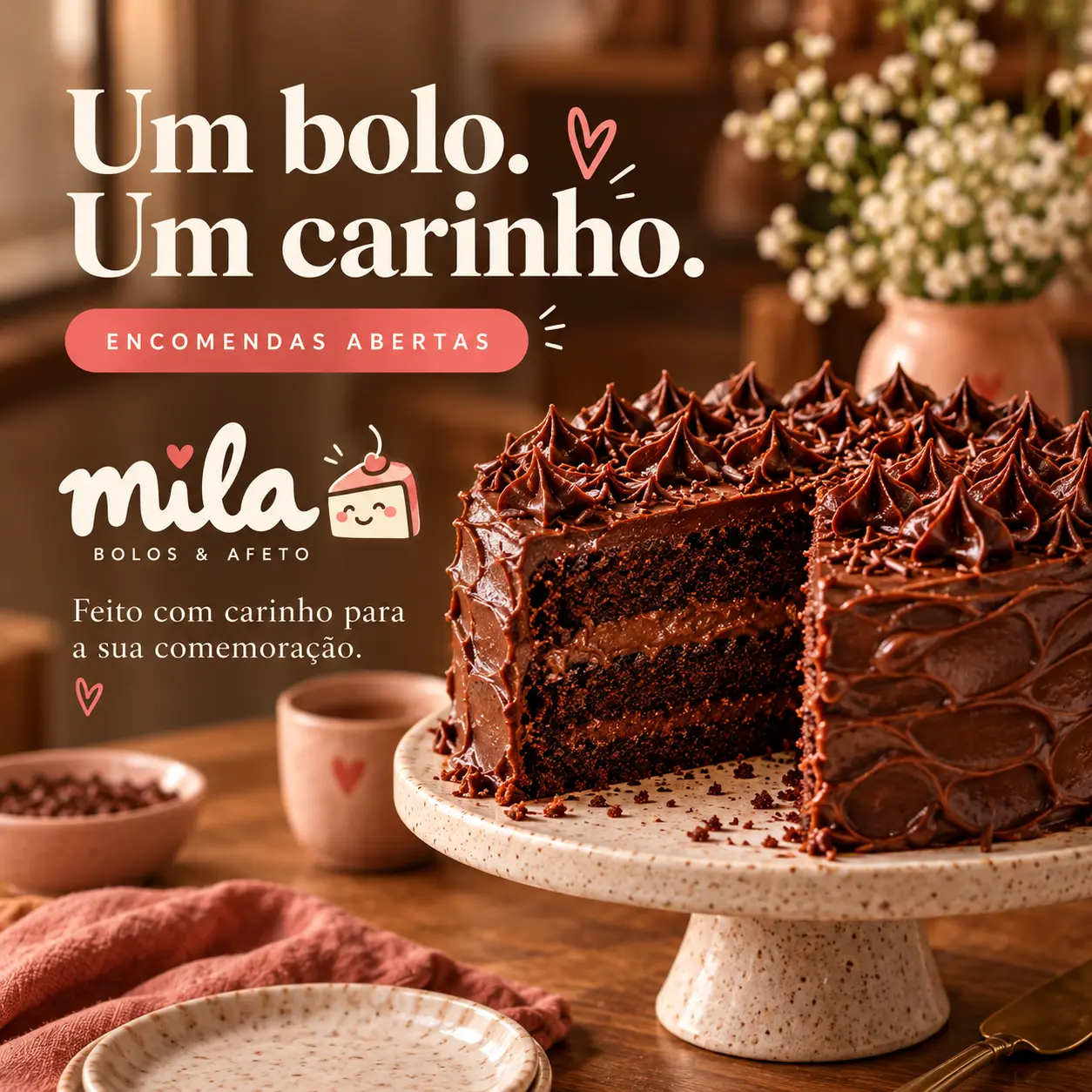 Mila digital campaign concept showing a chocolate cake and an invitation to place an order
