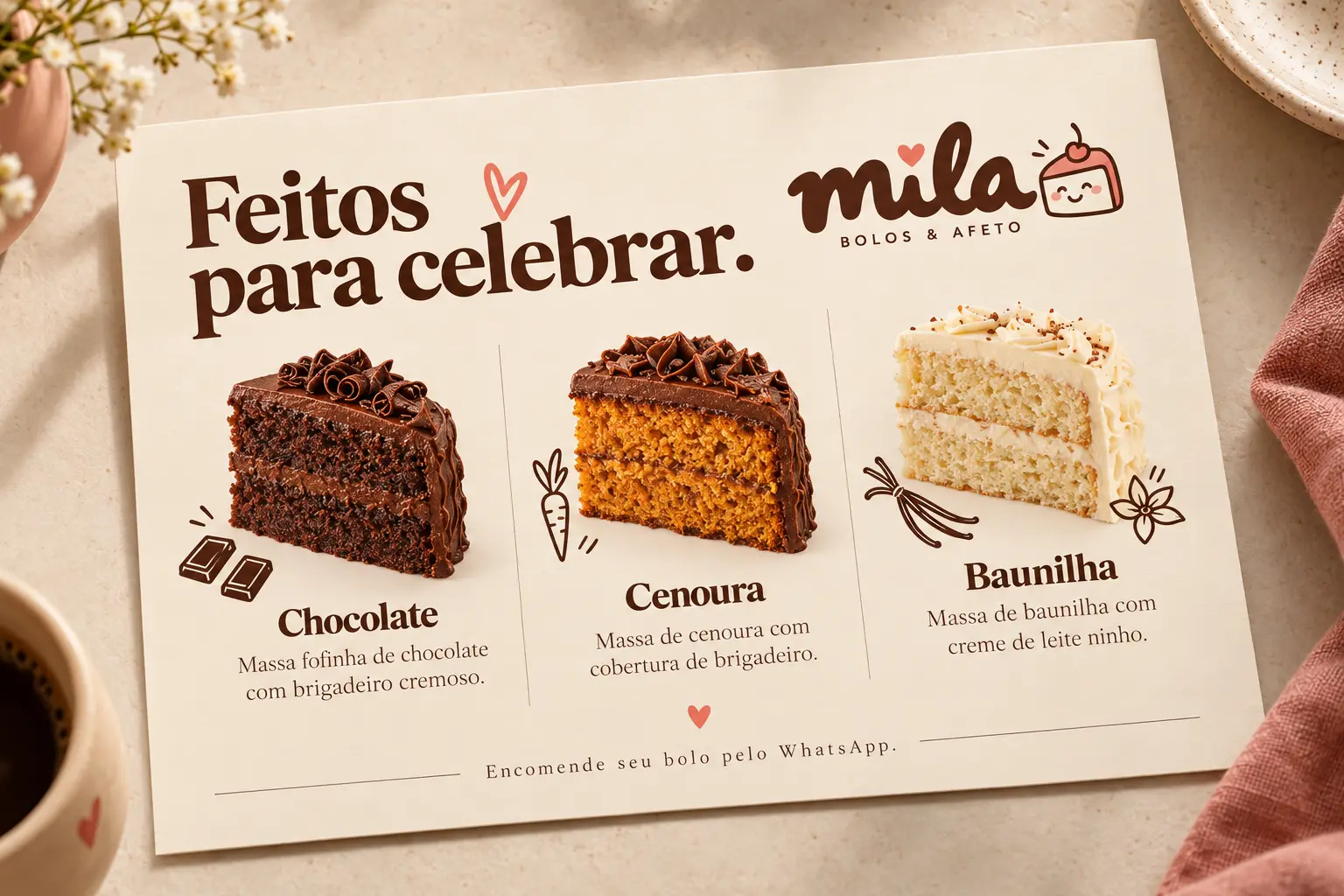 Mila printed flavor menu concept featuring chocolate, carrot and vanilla cake