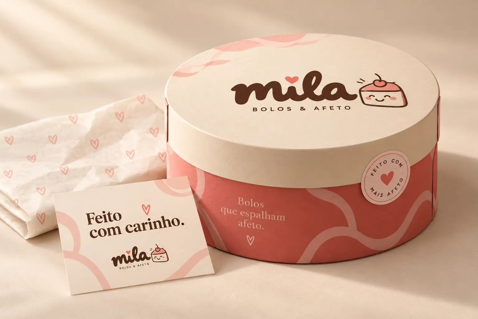 Mila cake shop identity applied to packaging, a brand seal and a thank-you card