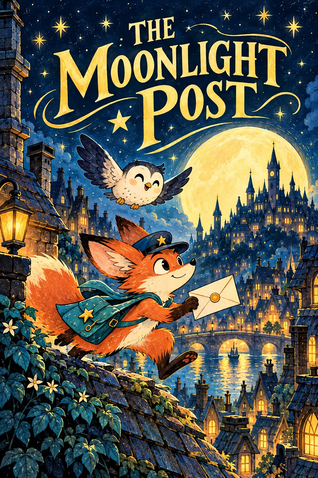 Illustrated Moonlight Post book cover with golden title lettering, an orange fox carrying a letter and an owl above a moonlit city