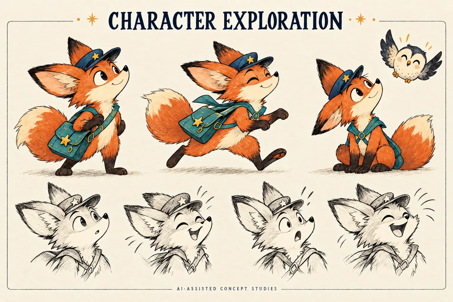 AI-assisted fox courier character studies with colored poses and monochrome expressions of curiosity, delight, surprise and laughter