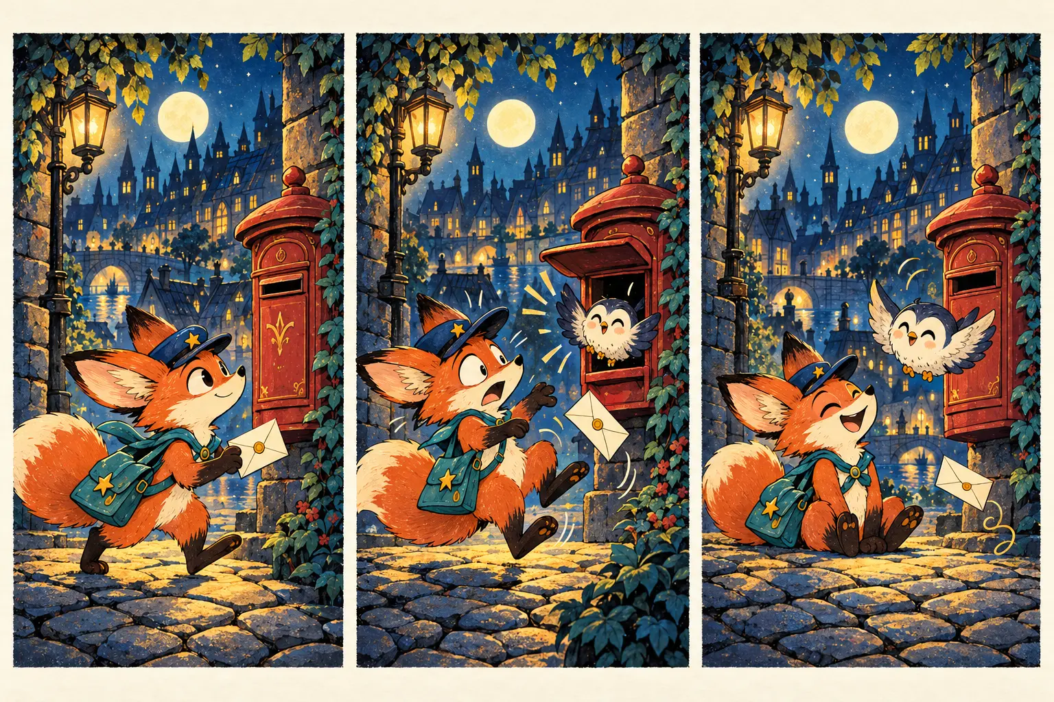 Three-panel wordless comic: a fox approaches a mailbox with a letter, is startled by an owl and then laughs with it as the letter falls