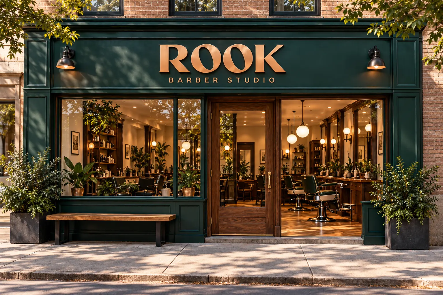 Rook barbershop storefront concept with forest green fascia and copper serif logo