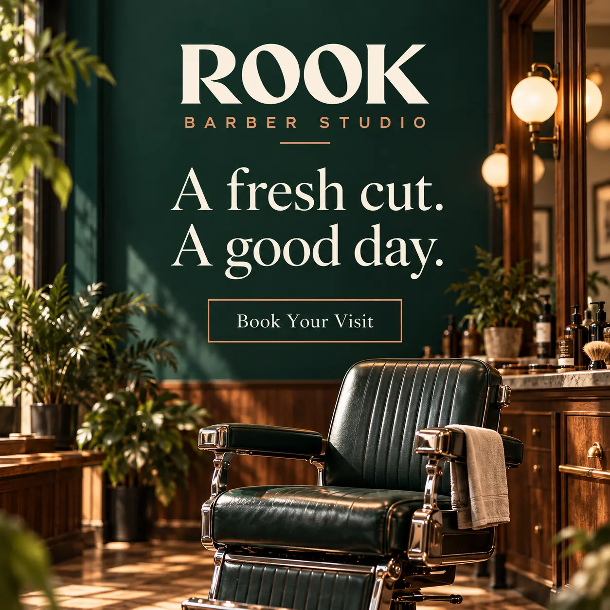 Rook barbershop social campaign with a barber chair and Book Your Visit call to action