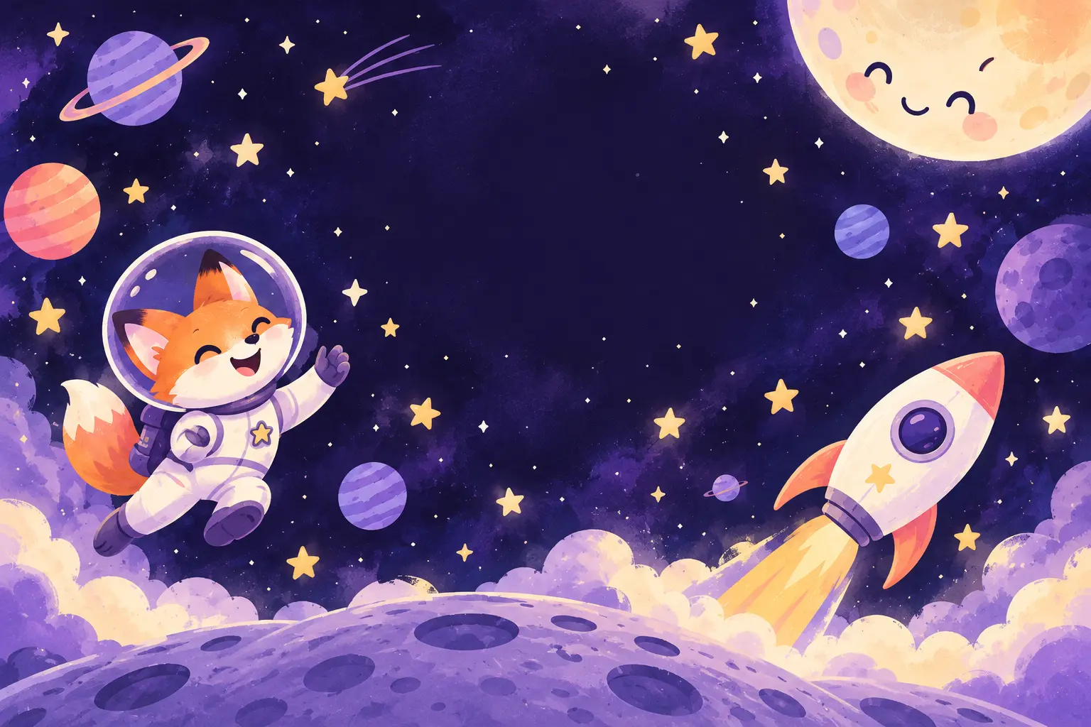 Space birthday illustration with a fox astronaut, smiling moon and pastel rocket