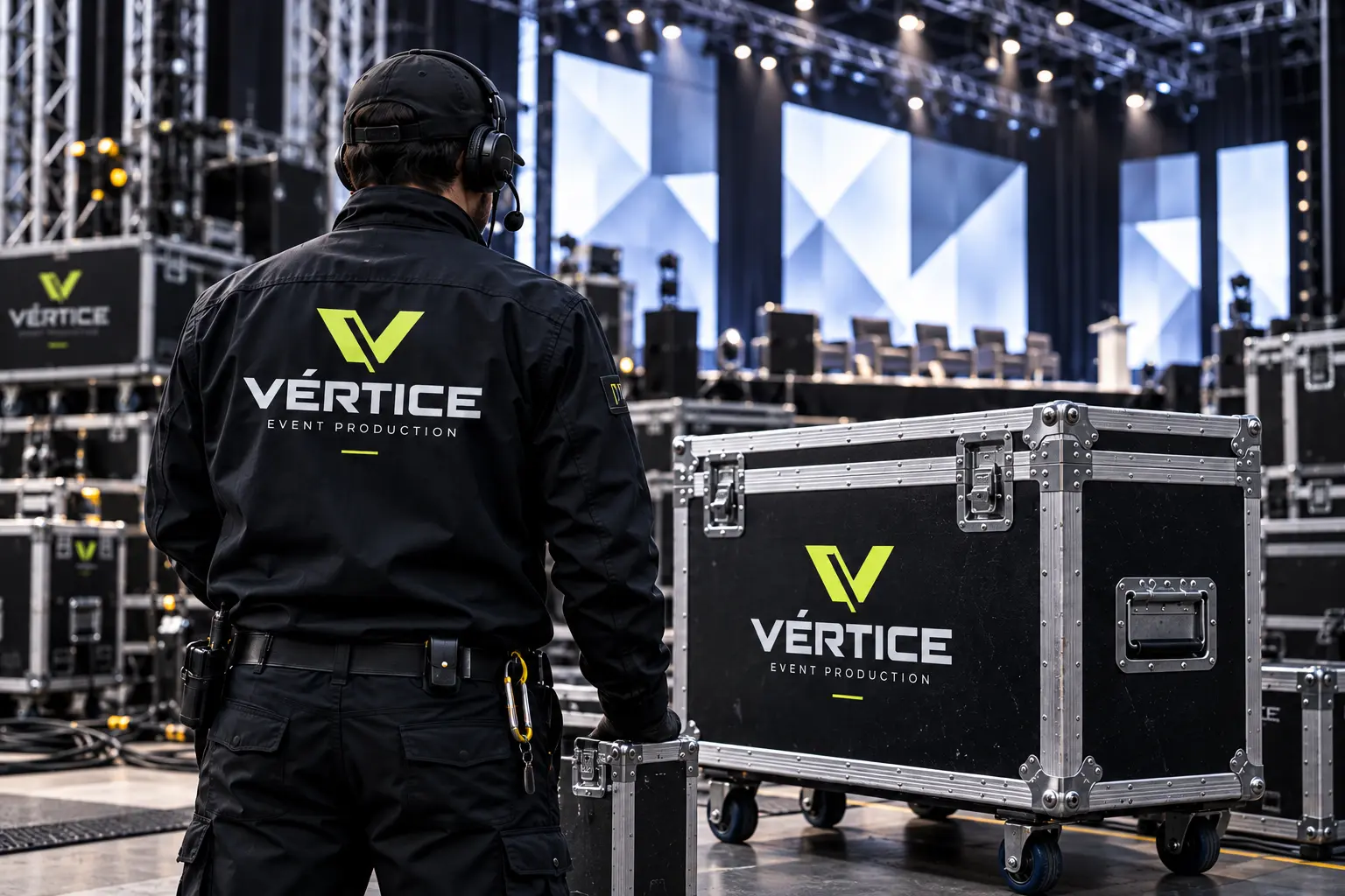 Vértice identity concept applied to event crew apparel and equipment