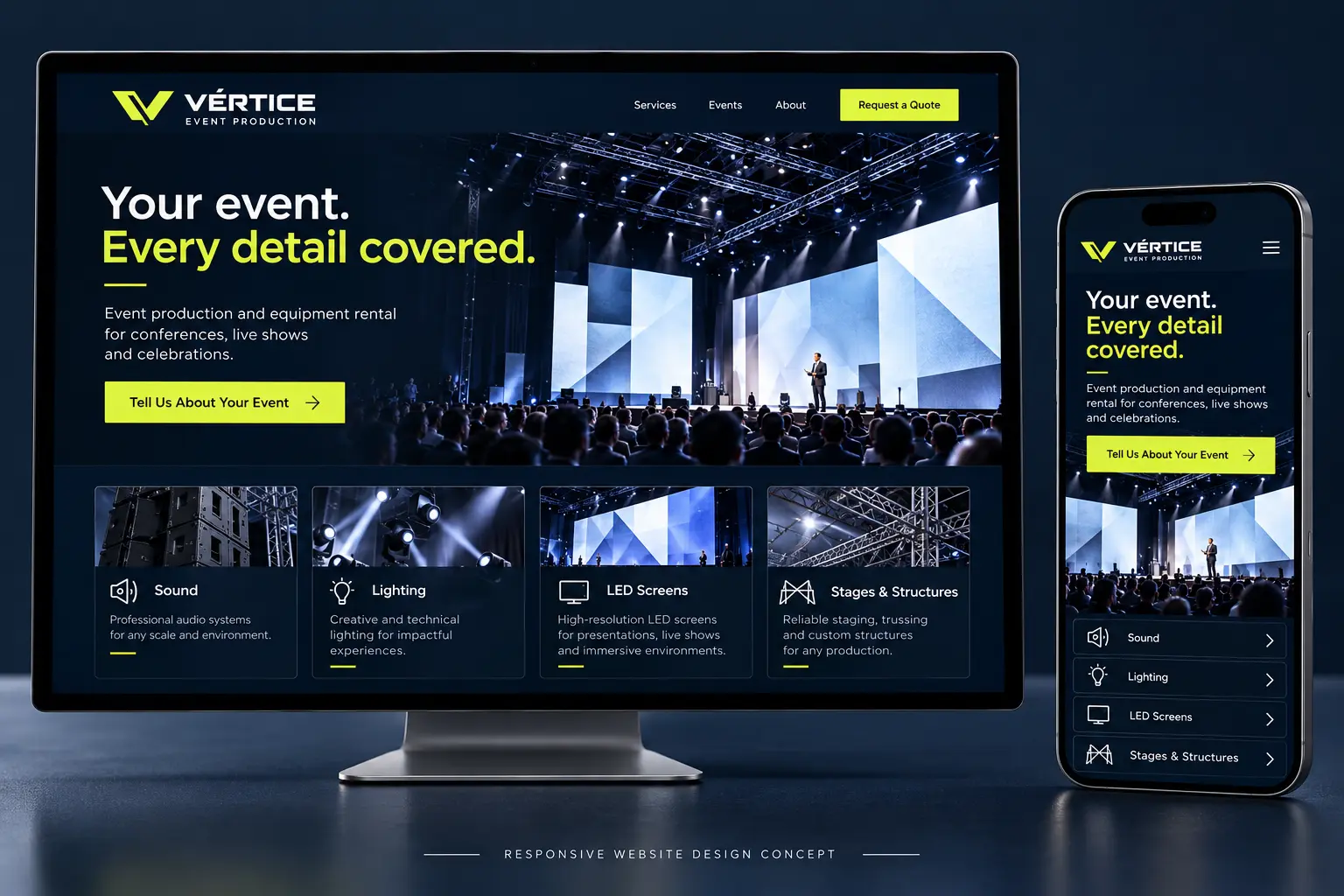 Vértice desktop and mobile website mockups with event services and quote enquiry calls to action