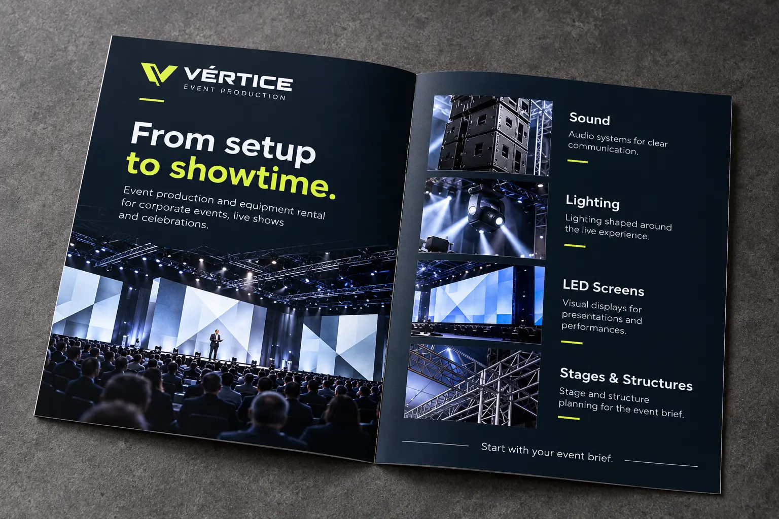 Vértice event services brochure concept showing sound, lighting, LED screens and stage structures