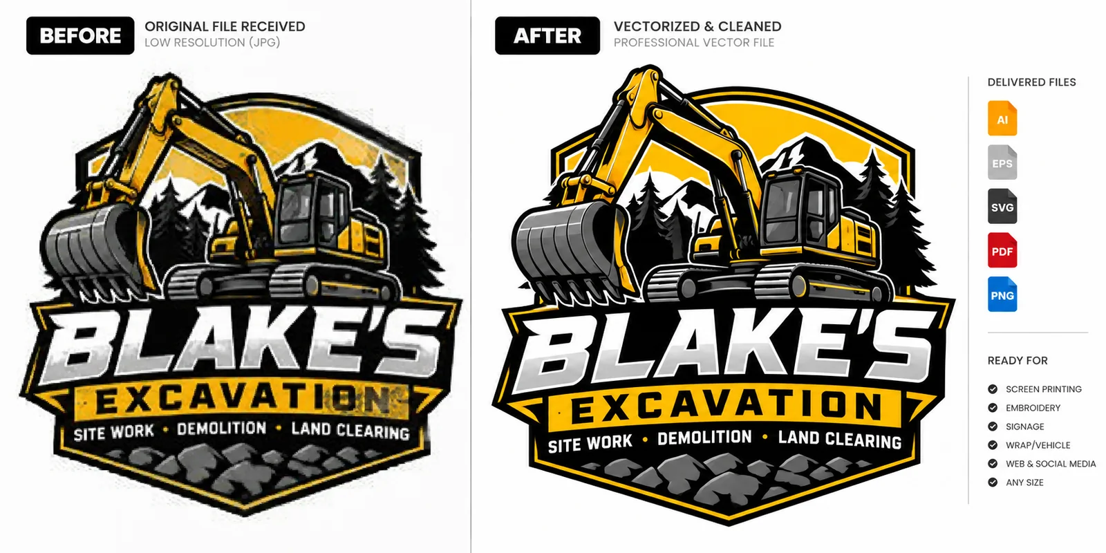 Fictional Blake’s Excavations demonstration comparing a low-resolution excavator graphic with its clean redraw