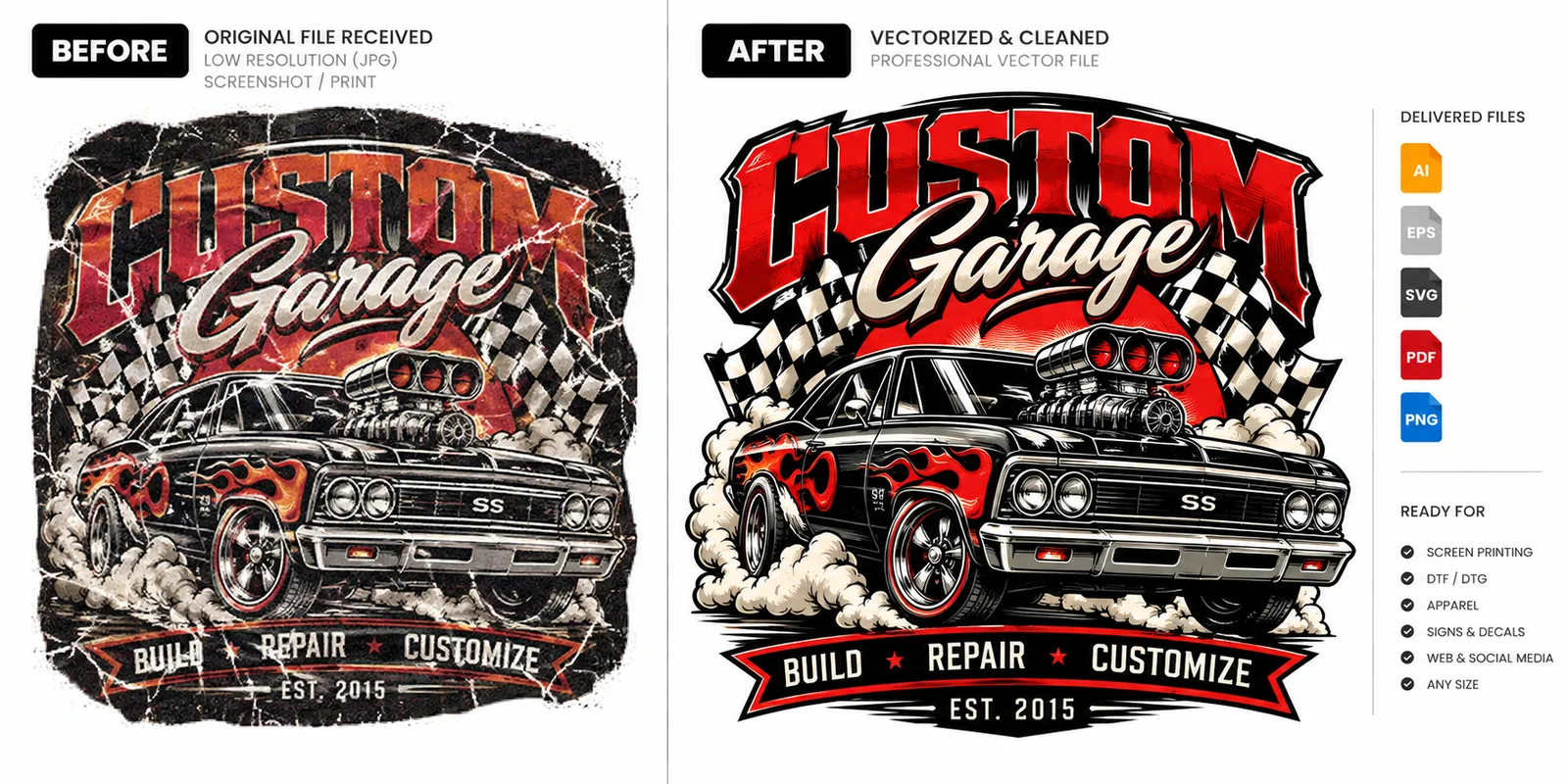 Fictional Custom Garage demonstration showing distressed car artwork beside a clean structured redraw